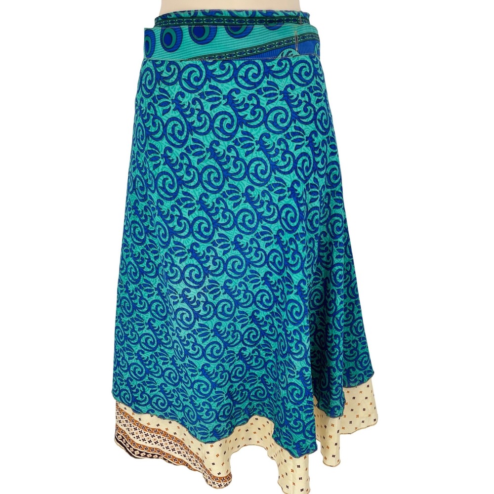 NWT Darn Good Sari Wrap Skirt Reversible Silk Blend Teal Blue Cream Size 02-12